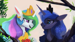 Size: 1920x1080 | Tagged: safe, artist:hierozaki, character:princess celestia, character:princess luna, species:alicorn, species:pony, bust, duo, female, looking at each other, mare, open mouth, royal sisters, sisters