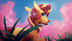 Size: 1920x1080 | Tagged: safe, artist:hierozaki, character:sunset shimmer, species:pony, species:unicorn, :3, cloud, cute, ear fluff, female, floppy ears, grass, lidded eyes, looking at you, looking back, looking back at you, mare, raised hoof, shimmerbetes, shoulder fluff, sidemouth, sky, smiling, solo