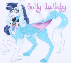Size: 3303x2956 | Tagged: safe, artist:frozensoulpony, oc, oc:gully lullaby, parent:gilda, parent:soarin', parents:gildin', species:hippogriff, female, interspecies offspring, offspring, solo, traditional art, two toned wings