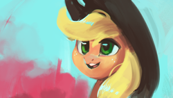 Size: 1920x1080 | Tagged: safe, artist:hierozaki, character:applejack, species:pony, clothing, cowboy hat, female, hat, mare, smiling, solo, stetson