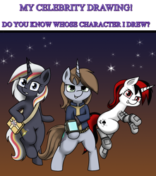 Size: 1472x1668 | Tagged: safe, artist:pencil bolt, oc, oc:blackjack, oc:littlepip, oc:velvet remedy, species:pony, species:unicorn, fallout equestria, fallout equestria: project horizons, augmented, bag, biohacking, bipedal, clothing, cute, cutie mark, cyber legs, cyborg, fallout, fanfic, fanfic art, female, fluttershy medical saddlebag, grin, hooves, horn, looking at you, mare, medical bag, pipbuck, smiling, stars, vault suit