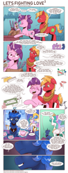 Size: 1299x3305 | Tagged: safe, artist:saturdaymorningproj, character:big mcintosh, character:pinkie pie, character:princess celestia, character:princess luna, character:sugar belle, character:twilight sparkle, species:alicorn, species:earth pony, species:pony, species:unicorn, comic:let's fighting love, board game, comic, dice, everything is fixed, female, food, glowing horn, horn, implied lunamac, magic, mare, monopoly, pie, scrabble, telekinesis, this will not end well, warrior luna