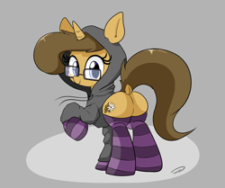Size: 2819x2362 | Tagged: safe, artist:taurson, oc, oc only, oc:buckwheat, species:pony, species:unicorn, butt, clothing, dock, female, freckles, glasses, hoodie, looking at you, looking back, looking back at you, mare, plot, raised hoof, simple background, smiling, socks, solo, striped socks