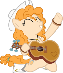 Size: 3834x4447 | Tagged: safe, artist:ironm17, character:pear butter, species:earth pony, species:pony, bolo tie, boots, bracelet, clothing, country, cowboy boots, cowboy hat, eyes closed, female, guitar, hat, jewelry, left handed, raised hoof, simple background, solo, transparent background, vector