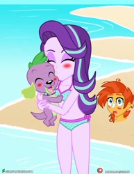 Size: 3090x4000 | Tagged: safe, artist:dieart77, character:spike, character:starlight glimmer, character:sunburst, species:dog, ship:sparlight, my little pony:equestria girls, beach, belly button, bikini, blushing, breasts, buried in sand, cleavage, clothing, commission, equestria girls-ified, eyes closed, female, kissing, male, patreon, patreon logo, shipping, spike the dog, straight, swimsuit