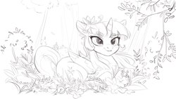 Size: 5760x3240 | Tagged: safe, artist:hierozaki, character:twilight sparkle, character:twilight sparkle (alicorn), species:alicorn, species:pony, absurd resolution, chest fluff, female, flower, flower in hair, mare, monochrome, prone, smiling, solo, tree