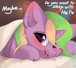 Size: 3600x3200 | Tagged: safe, artist:alphadesu, oc, oc only, oc:sparkly breeze, species:pony, species:unicorn, bed, blanket, blushing, blushing ears, bow, cheek fluff, cloven hooves, cute, ear fluff, female, inviting, inviting you, mare, ocbetes, smiling, ych result