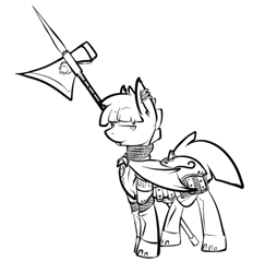 Size: 694x714 | Tagged: safe, artist:cantershirecommons, oc, species:bat pony, species:pony, armor, fangs, halberd, weapon