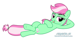 Size: 9000x4514 | Tagged: safe, artist:kuren247, character:minty, species:earth pony, species:pony, g4, absurd resolution, cheeky, draw me like one of your french girls, female, freckles, g3 to g4, generation leap, mintabetes, on back, recolor, simple background, solo, vector
