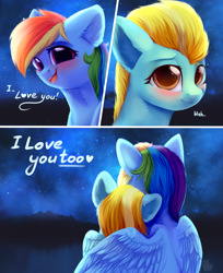 Size: 3257x4000 | Tagged: safe, artist:alphadesu, character:lightning dust, character:rainbow dash, species:pegasus, species:pony, ship:rainbowdust, comic, commission, dialogue, female, hug, i love you, lesbian, love, mare, night, night sky, shipping, sky, starry night, stars, winghug, wings, ych result