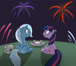 Size: 642x554 | Tagged: safe, artist:theparagon, character:trixie, character:twilight sparkle, species:pony, species:unicorn, ship:twixie, female, fireworks, lesbian, mare, mug, night, shipping, sitting