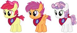 Size: 1600x683 | Tagged: safe, artist:evilfrenzy, character:apple bloom, character:scootaloo, character:sweetie belle, species:earth pony, species:pegasus, species:pony, species:unicorn, applebuck, bandana, baseball cap, cap, clothing, colt, cutie mark crusaders, hat, male, rule 63, scooteroll, silver bell, simple background, white background