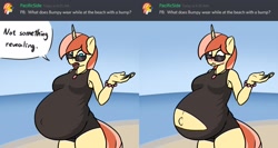 Size: 2252x1200 | Tagged: safe, artist:askbumpywish, oc, oc only, oc:bumpy wish, species:anthro, species:pony, species:unicorn, belly, big belly, blushing, breasts, clothing, embarrassed, female, looking at you, one-piece swimsuit, pregnant, solo, sunglasses, swimsuit, talking to viewer, wardrobe malfunction