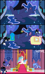 Size: 5600x9200 | Tagged: safe, alternate version, artist:evilfrenzy, character:princess celestia, character:princess luna, oc, oc:cruithne, oc:frenzy, parent:oc:frenzy, parent:princess luna, parents:canon x oc, parents:fruna, species:alicorn, species:pony, species:unicorn, age regression, alicorn oc, angry, april fools, april fools 2019, april fools joke, baby, baby pony, chase, colt, diaper package, dropper, female, filly, filly luna, foal, fruna, heterochromia, levitation, magic, male, offspring, onomatopoeia, open mouth, prank, question mark, royal guard, sleeping, sound effects, telekinesis, underhoof, woona, younger, zzz