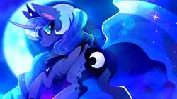 Size: 1920x1080 | Tagged: safe, alternate version, artist:rariedash, character:princess luna, species:alicorn, species:pony, color porn, crescent moon, curved horn, ethereal mane, eyestrain warning, female, galaxy mane, horn, looking at you, looking back, looking back at you, mare, moon, moonbutt, neck fluff, night, plot, sidemouth, solo, wallpaper