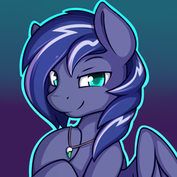 Size: 1000x1000 | Tagged: safe, artist:theparagon, oc, oc only, oc:lightning flare, species:pegasus, species:pony, alternate hairstyle, bust, commission, gradient background, green eyes, grin, hooves, jewelry, looking at you, male, necklace, smiling, stallion