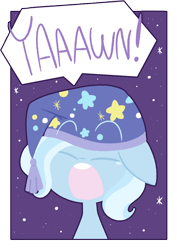 Size: 736x1038 | Tagged: safe, artist:typhwosion, character:trixie, species:pony, bust, cute, dialogue, diatrixes, eyes closed, female, floppy ears, head only, night, open mouth, portrait, sky, sleeping cap, solo, speech bubble, stars, yawn