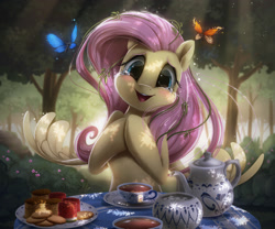 Size: 2500x2078 | Tagged: safe, artist:light262, character:fluttershy, species:pegasus, species:pony, g4, amazed, biscuits, blushing, bush, bust, butterfly, crying, cup, cute, dappled sunlight, dark, dawwww, female, food, forest, happy, head tilt, hnnng, hooves together, human shoulders, looking at you, mare, open mouth, outdoors, plate, scenery, shyabetes, smiling, solo, spread wings, table, tea, tea cakes, tea party, teapot, tears of joy, teary eyes, tree, watermelon, weapons-grade cute, wings