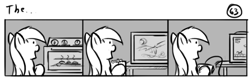 Size: 802x253 | Tagged: safe, artist:tetrapony, character:derpy hooves, species:pegasus, species:pony, comic:the daily derp, comic, female, mare, monochrome, oven, solo, television, the..., video game