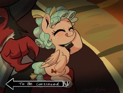 Size: 1600x1200 | Tagged: safe, artist:oofycolorful, character:cozy glow, character:lord tirek, episode:the beginning of the end, g4, my little pony: friendship is magic, bow, cozybetes, cute, eyes closed, female, female focus, filly, foal, hair bow, imminent abuse, jojo's bizarre adventure, licking, licking lips, sitting, smiling, solo focus, tail bow, to be continued, to be continued (meme), tongue out