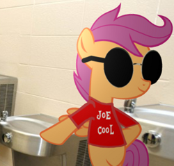 Size: 676x647 | Tagged: safe, artist:kuren247, character:scootaloo, species:pegasus, species:pony, bipedal, bipedal leaning, irl, joe cool, leaning, parody, peanuts, photo, ponies in real life, snoopy, water fountain