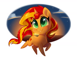 Size: 1600x1200 | Tagged: safe, artist:oofycolorful, character:sunset shimmer, species:pony, species:unicorn, chest fluff, chibi, cloud, colored pupils, cute, dusk, female, grin, looking up, mare, namesake, pointy ponies, pose, pun, raised hoof, raised leg, shimmerbetes, simple background, sky, smiling, solo, stars, sunset, sunshine shimmer, trotting, visual gag, white background