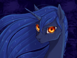 Size: 1500x1125 | Tagged: safe, artist:madhotaru, character:princess luna, species:alicorn, species:pony, black hole, bust, cheek fluff, chin fluff, ear fluff, ethereal mane, female, fluffy, galaxy mane, glowing eyes, looking at you, mare, messier 87, neck fluff, portrait, smiling, solo, stars
