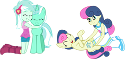 Size: 1920x914 | Tagged: safe, artist:limedazzle, character:bon bon, character:lyra heartstrings, character:sweetie drops, species:earth pony, species:pony, species:unicorn, my little pony:equestria girls, adorabon, amused, bellyrubs, bon bon is amused, cute, eyes closed, female, hug, human ponidox, lyrabetes, mare, ponidox, self ponidox, simple background, transparent background, vector