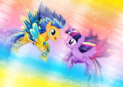 Size: 1600x1132 | Tagged: safe, artist:jucamovi1992, character:flash sentry, character:twilight sparkle, character:twilight sparkle (alicorn), species:alicorn, species:pegasus, species:pony, ship:flashlight, colored wings, couple, female, love, male, multicolored wings, rainbow power, rainbow power-ified, rainbow wings, shipping, straight