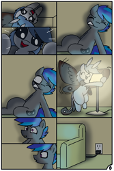 Size: 744x1116 | Tagged: safe, artist:pencil bolt, oc, oc:billy blue, oc:soffies, species:earth pony, species:mothpony, species:pony, comic:do not fear, behaving like a moth, bugs doing bug things, comic, couch, female, flying, lamp, light, male, night, original species, room, smiling