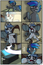 Size: 744x1116 | Tagged: safe, artist:pencil bolt, oc, oc:billy blue, oc:soffies, species:earth pony, species:mothpony, species:pony, comic:do not fear, comic, female, flying, lamp, male, monitor, moth, original species