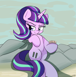 Size: 2326x2362 | Tagged: safe, artist:taurson, character:starlight glimmer, species:pony, species:unicorn, equal cutie mark, evil, evil starlight, female, giant pony, giant starlight glimmer, giant unicorn, giantess, leaning back, macro, mare, mountain, our town, s5 starlight, she has the whole town in her hoof, sitting, smiling, smirk, solo, stalin glimmer