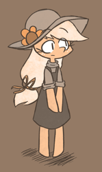 Size: 1119x1875 | Tagged: safe, artist:typhwosion, character:applejack, bipedal, brown background, clothing, cute, dress, female, flower, hat, jackabetes, semi-anthro, simple background, solo