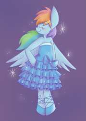 Size: 981x1367 | Tagged: safe, artist:typhwosion, character:rainbow dash, bare shoulders, bipedal, blue, bow, clothing, cute, dashabetes, dress, eyes closed, fabulous, female, purple background, rainbow dash always dresses in style, semi-anthro, simple background, solo, sparkles, strapless