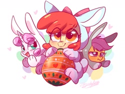 Size: 1600x1200 | Tagged: safe, artist:oofycolorful, character:apple bloom, character:scootaloo, character:sweetie belle, species:earth pony, species:pegasus, species:pony, species:unicorn, abstract background, adorabloom, animal costume, bunny belle, bunny bloom, bunny costume, bunnyloo, clothing, costume, cute, cutealoo, cutie mark crusaders, dawwww, diasweetes, easter, easter egg, eye clipping through hair, female, filly, heart, hnnng, holiday, open mouth, scootaloo is not amused, signature, smiling, trio, unamused