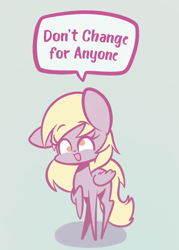 Size: 1280x1791 | Tagged: safe, artist:typhwosion, character:derpy hooves, species:pegasus, species:pony, cute, derpabetes, dialogue, female, gray background, no pupils, open mouth, pointy ponies, positive message, positive ponies, simple background, solo, speech bubble