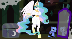 Size: 11000x6000 | Tagged: safe, artist:evilfrenzy, character:princess celestia, character:princess luna, species:alicorn, species:anthro, species:pony, species:unguligrade anthro, age regression, attic, baby, clothing, dress, female, filly, mare, mirror, star spider, woona, younger