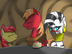 Size: 756x567 | Tagged: safe, artist:madhotaru, character:apple bloom, character:big mcintosh, character:zecora, species:earth pony, species:pony, species:zebra, ship:macora, blushing, male, shipping, stallion, straight