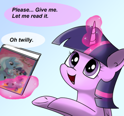 Size: 1480x1388 | Tagged: safe, artist:pencil bolt, character:trixie, character:twilight sparkle, character:twilight sparkle (alicorn), species:alicorn, species:pony, book, dialogue, glowing horn, gradient background, magic, telekinesis