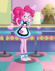 Size: 1500x1942 | Tagged: safe, artist:dieart77, character:pinkie pie, episode:coinky-dink world, eqg summertime shorts, g4, my little pony: equestria girls, my little pony:equestria girls, blushing, cafe, carhop, clothing, cup, cute, drink, drinking, female, heart, rollerblades, server pinkie pie, solo, stool, straw, waitress