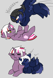 Size: 1944x2844 | Tagged: safe, artist:jolliapplegirl, oc, oc only, oc:desert moon, oc:hazy sky, parent:oc:asra, parent:princess luna, parent:unnamed oc, parents:canon x oc, species:alicorn, species:pony, species:sphinx, species:unicorn, adopted offspring, alicorn oc, behaving like a cat, colt, curved horn, female, filly, foal, horn, interspecies offspring, male, next generation, offspring, ponyloaf, pounce, purring, scratch mark, scratches, sphinx oc