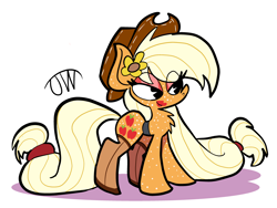 Size: 1859x1400 | Tagged: safe, artist:joeywaggoner, character:applejack, species:earth pony, species:pony, applejack's hat, chest fluff, clothing, cowboy hat, eye clipping through hair, eyeshadow, female, flower, flower in hair, freckles, hat, implied lesbian, implied rarijack, implied shipping, lipstick, long mane, long tail, makeup, mare, older, red eyeshadow, red lipstick, solo, stockings, thigh highs