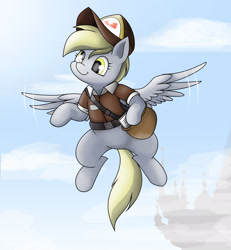 Size: 2080x2248 | Tagged: safe, artist:pencil bolt, character:derpy hooves, species:pegasus, species:pony, canterlot, clothing, cloud, cute, derpabetes, female, flying, hat, letter, light, mailmare, mailmare hat, mare, satchel, sky, solo, spread wings, wing flap, wings