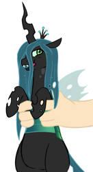 Size: 836x1542 | Tagged: safe, artist:elslowmo, artist:redintravenous, character:queen chrysalis, species:human, species:pony, chubby, cute, cutealis, hand, holding a pony, lidded eyes, open mouth, place your bids, puffy cheeks, simple background, smiling, white background