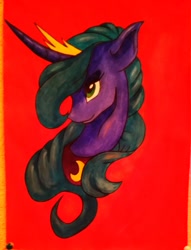 Size: 976x1280 | Tagged: safe, artist:probablyfakeblonde, character:princess luna, species:alicorn, species:pony, bust, curved horn, female, horn, peytral, red background, simple background, solo, traditional art