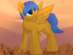 Size: 1237x930 | Tagged: safe, artist:alphadesu, oc, oc only, oc:crushingvictory, species:pegasus, species:pony, dead grass, fluffy, looking up, solo, spread wings, wasteland, wings