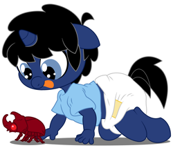 Size: 7000x6000 | Tagged: safe, artist:evilfrenzy, oc, oc only, oc:frenzy, species:anthro, species:pony, species:unguligrade anthro, species:unicorn, age regression, baby, beetle, diaper, foal, insect, solo, tongue out
