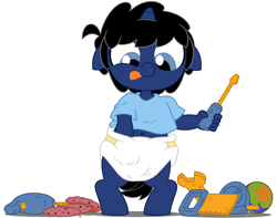 Size: 7600x6000 | Tagged: safe, artist:evilfrenzy, oc, oc only, oc:frenzy, species:anthro, species:pony, species:unguligrade anthro, species:unicorn, age regression, baby, balls, cookie, diaper, foal, food, nudity, rugrats, screwdriver, solo, toy