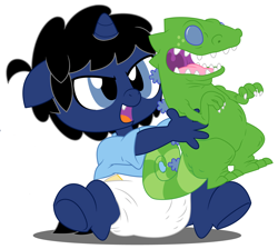 Size: 6700x6000 | Tagged: safe, artist:evilfrenzy, oc, oc only, oc:frenzy, species:anthro, species:pony, species:unguligrade anthro, species:unicorn, age regression, baby, diaper, foal, reptar, rugrats, solo, toy