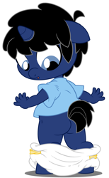 Size: 3704x6000 | Tagged: safe, artist:evilfrenzy, oc, oc only, oc:frenzy, species:anthro, species:pony, species:unguligrade anthro, species:unicorn, age regression, baby, diaper, foal, plot, rugrats, solo, wardrobe malfunction